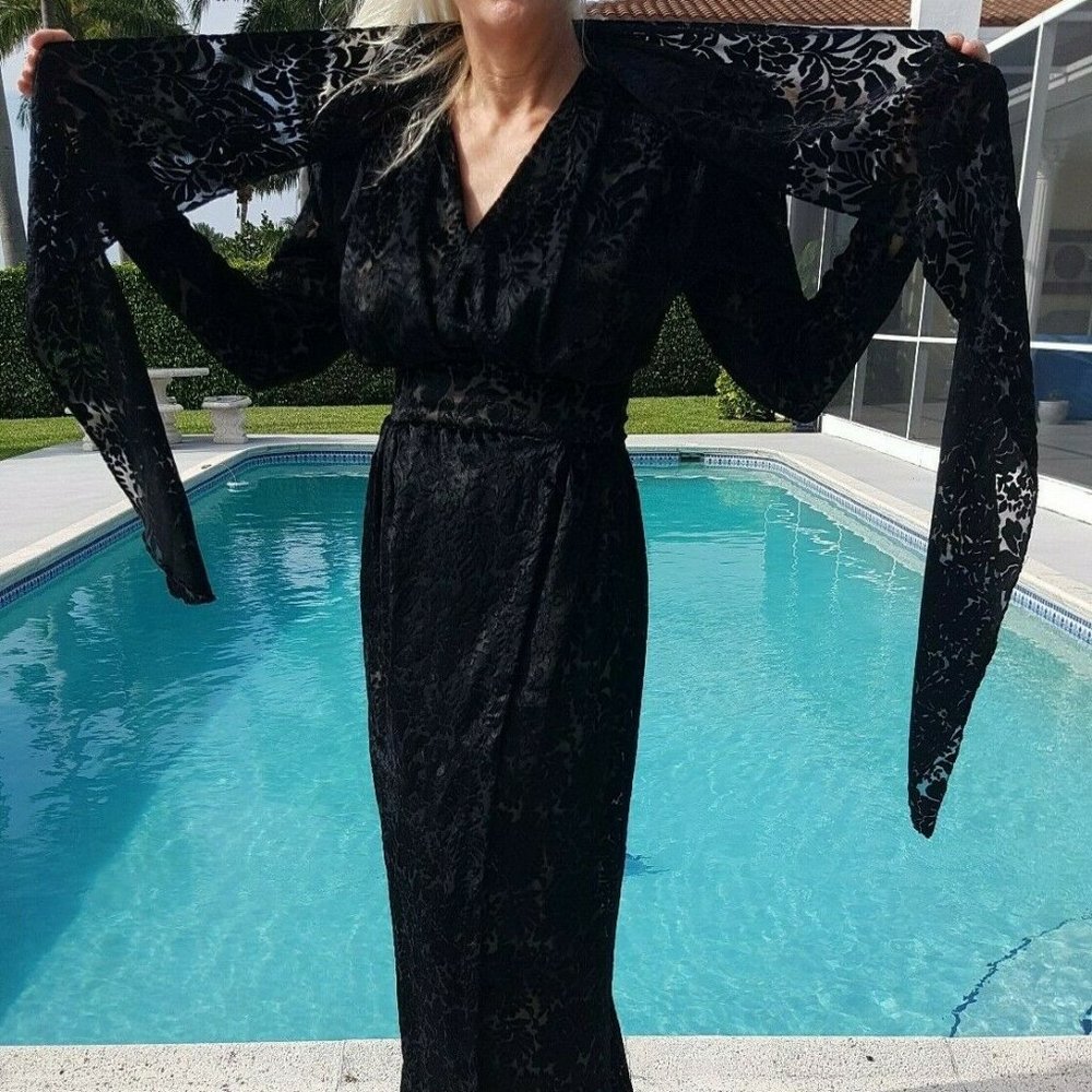 Vintage 80s Black Velvet Burnout full length Prom Dress & Wrap